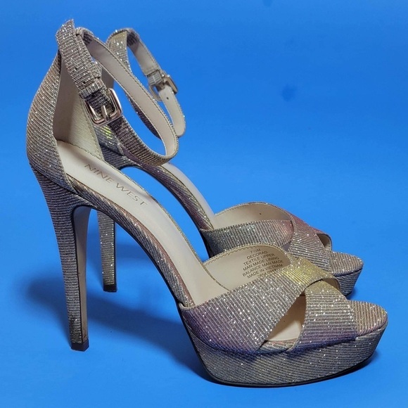 Nine West Sparkle Bling Ankle Strap Decorao Criss Cross Peep Toe Heels - Picture 3 of 7